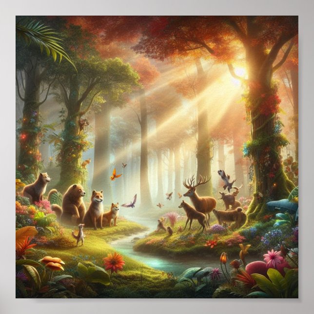 Poster Jardim com animais falantes e flora fantástica. (Frente)