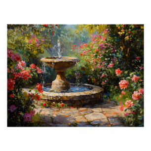 Póster Jardim com Rosas e fonte de água florescentes