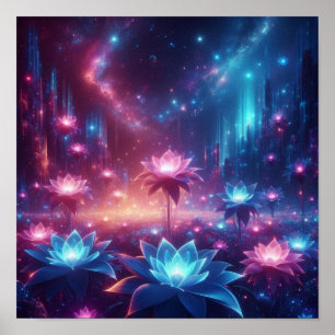 Poster Jardim Cósmico de Flores Luminosas em Flor