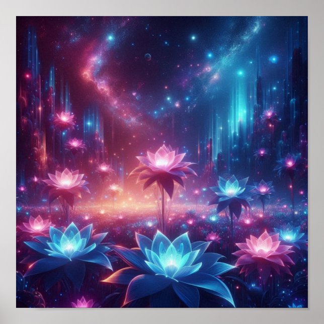 Poster Jardim Cósmico de Flores Luminosas em Flor (Frente)