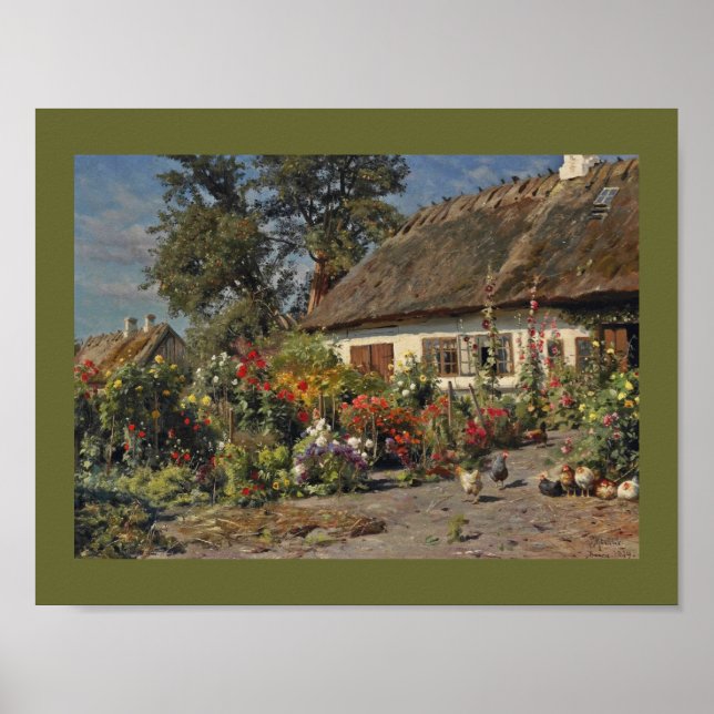 Póster Jardim de Algodão Vintage com Flores e Galinhas (Frente)