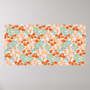 Poster Jardim de belas flores desenhadas à mão, cor-de-ro