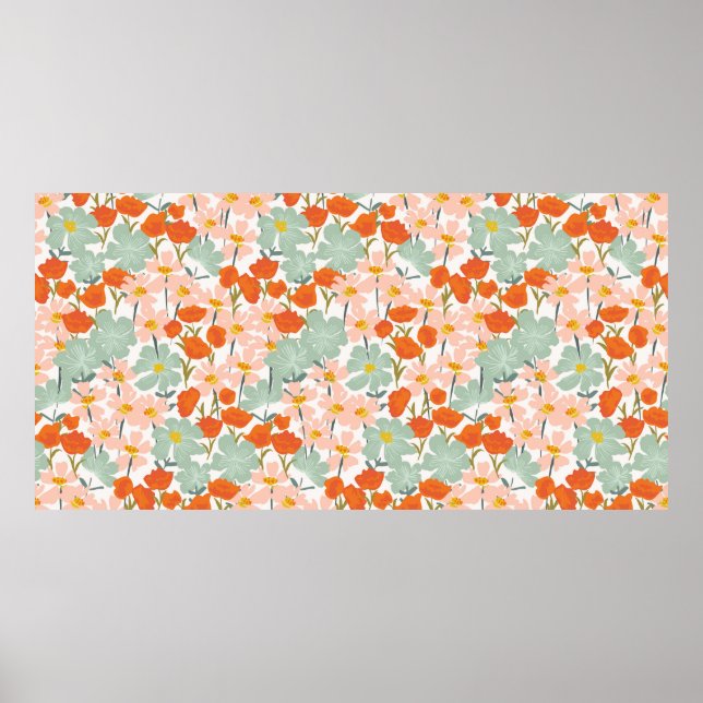Poster Jardim de belas flores desenhadas à mão, cor-de-ro (Frente)