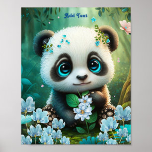 Poster Jardim de Flor Azul Panda Branco Bonito