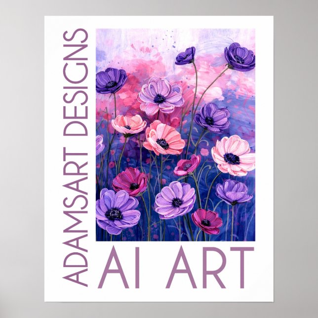 Poster Jardim de Flores Anêmona Rosa e Lavanda Caprichoso (Frente)