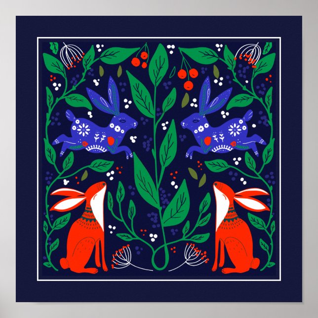 Poster Jardim de Flores de Coelhinhos Escandinavos (Frente)