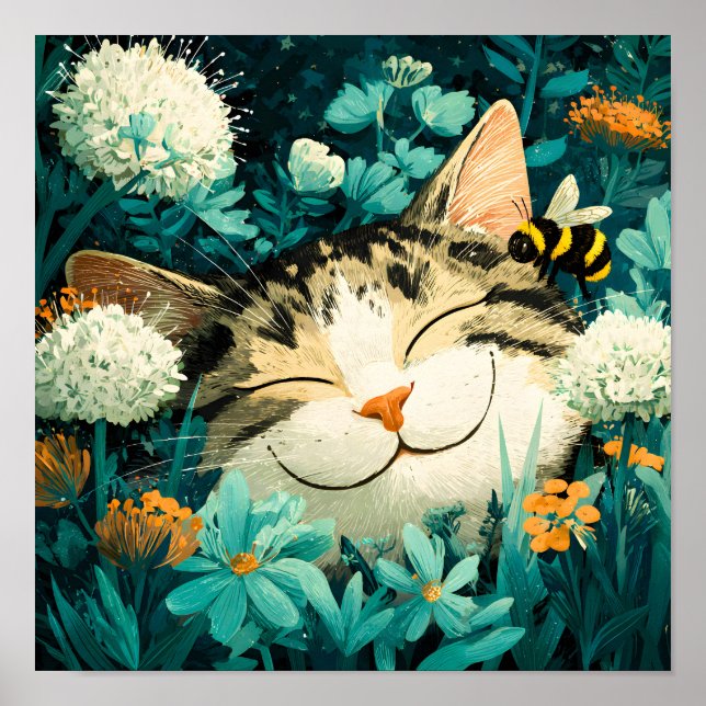 Poster Jardim de Flores de Gato Adormecido com Aquarela A (Frente)