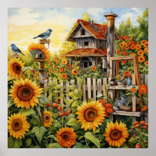 Poster Jardim de Girassóis 9 Casas de Pássaros Azuis