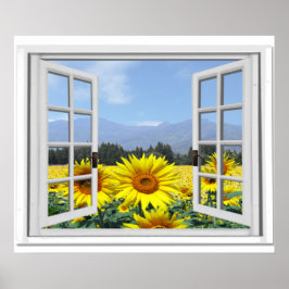 Póster Jardim de Girassóis de Verão Vista Janela Falsa