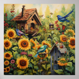 Poster Jardim de Girassol 10 Casas de Aves Azuis