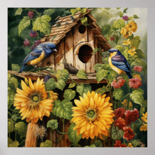 Poster Jardim de Girassol 6 Casas de Aves Azuis