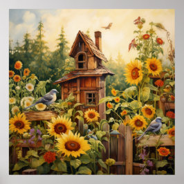 Poster Jardim de Girassol 8 Casas de Aves Azuis