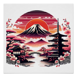 Póster Jardim de Sakura Japonês Flor de Cerejeira Monte F
