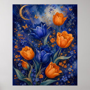 POSTER JARDIM DE TULIPAS EM ÁMBAR AZUL AO LUAR