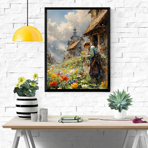 Póster Jardim do Campo com Garota em Vestido Azul e Flore