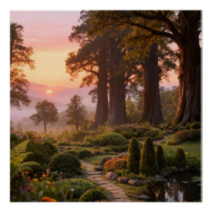 Póster Jardim Encantado ao Amanhecer Majestosas Árvores