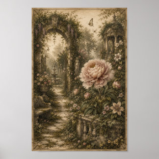 Poster Jardim Esquecido Peônia Arte Botânica Vintage para