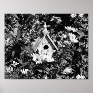 Poster Jardim Flor Casa de Pássaros Preto e Branco