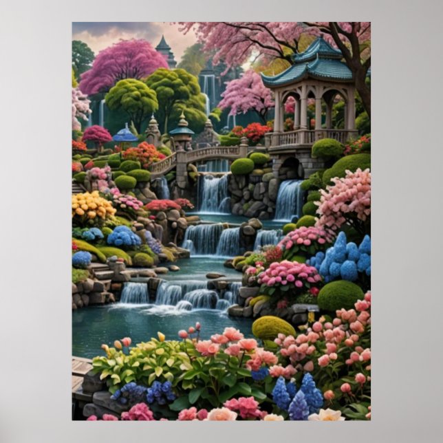 Poster Jardim Flor Colorido com Quedas de Água (Frente)
