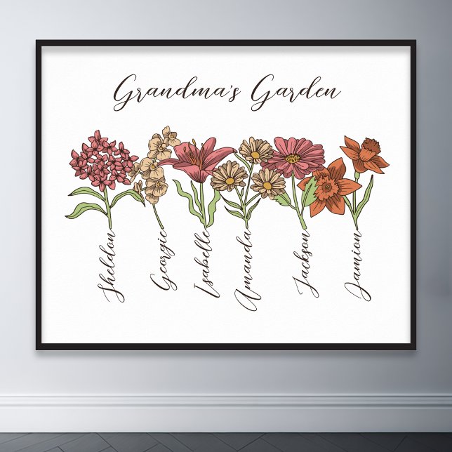 Poster Jardim Flor de Vovó 6 Netos Nome Floral (grandma flower garden grandkids name floral poster)