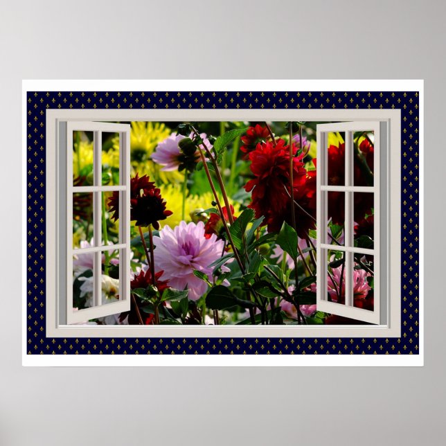 Poster Jardim Flor, Janela Aberta, Dahlias (Frente)