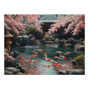 Póster Jardim Japonês com Koi e Cherry Blossoms