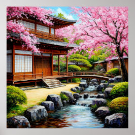 Poster Jardim Japonês Tradicional Com Flor de Cerejeira
