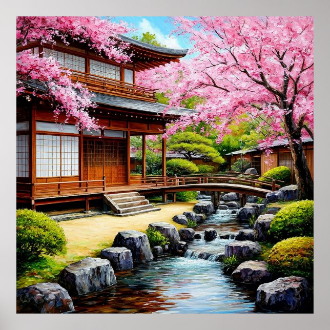 Poster Jardim Japonês Tradicional com Flores De Cereja (Frente)