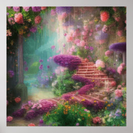 Poster Jardim Mágico Fantástico Com Flores E Escadas