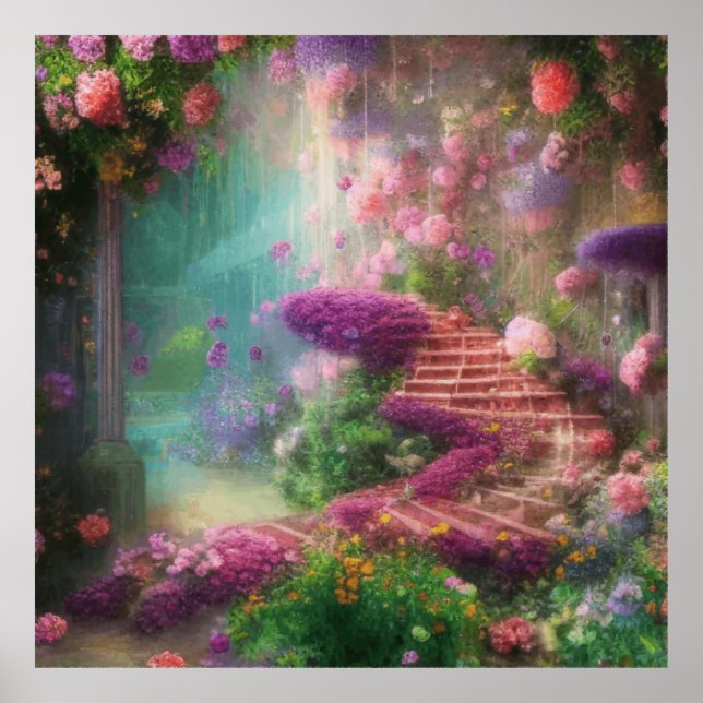 Poster Jardim Mágico Fantástico Com Flores E Escadas (Frente)