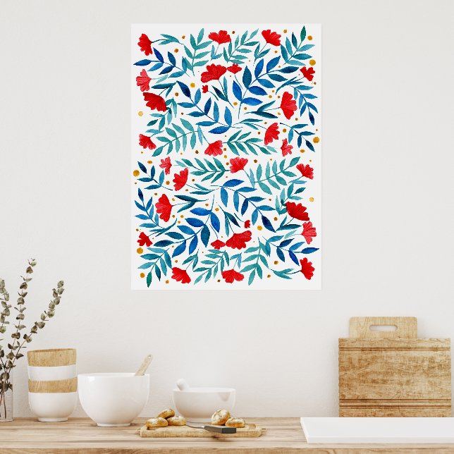 Poster Jardim mágico - vermelho e turquesa (Cozinha)