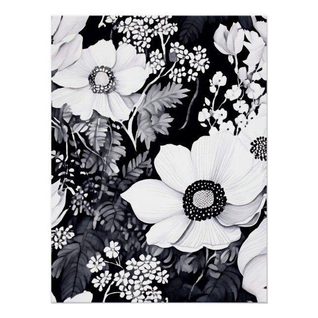 Póster Jardim Monocromático de Aquarela com Intrato Flora (Frente)