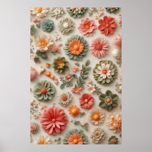 Poster Jardim Pastel: Lay Floral Flat 3D artesanal (Frente)