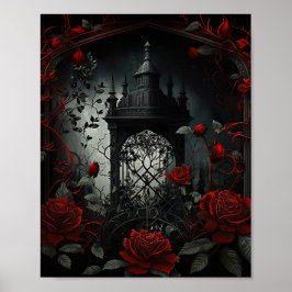 Poster Jardim Rosa do Cemitério Gótico com Vermelho e Pre