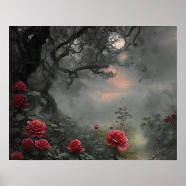Poster Jardim rosa selvagem - Lua cheio de floresta escur (Frente)