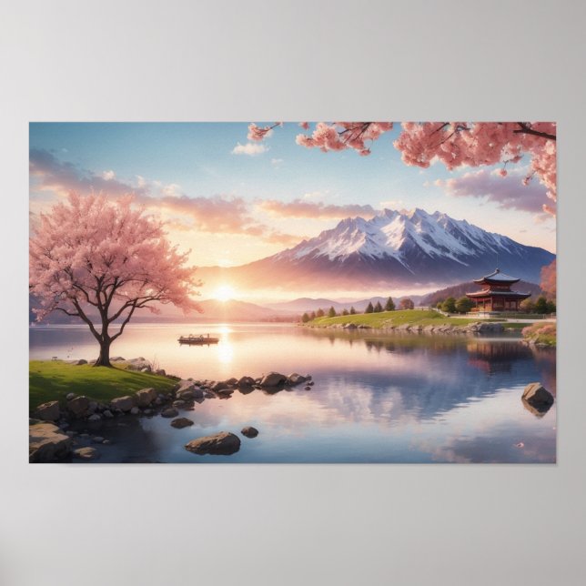 Poster Jardim Sakura Sunset com Vista de Montanha (Frente)