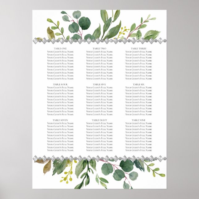 Poster Jardim Verde Boho Eucalyptus Mint Seating Chart (Frente)