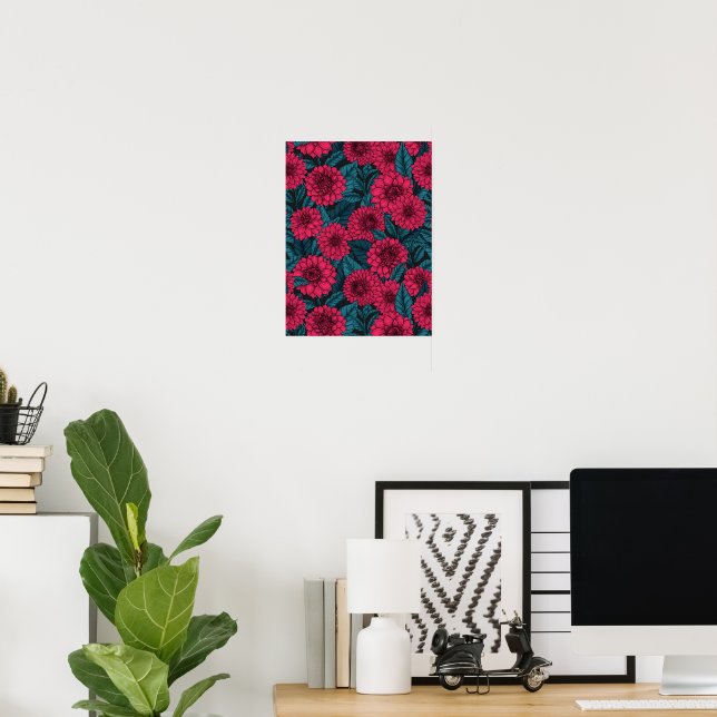 Poster Jardim Vermelho Dahlia/folhas azuis (Escritório em casa)