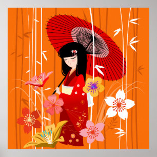 Poster Jardim Zen Boneca Kokeshi