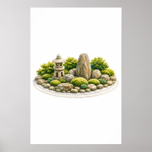 Poster Jardim Zen Japonês com Lanterna de Pedra e Rocha (Frente)