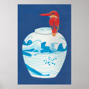 Poster Jarro de gengibre azul e branco com pássaro-rei ve