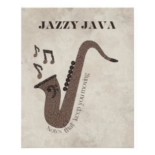 Póster Jazzy Java-Grãos de Café-Saxofone-