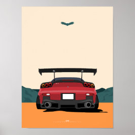 Poster JDM Red RX-7 Rear View Racing Car Illustration Art