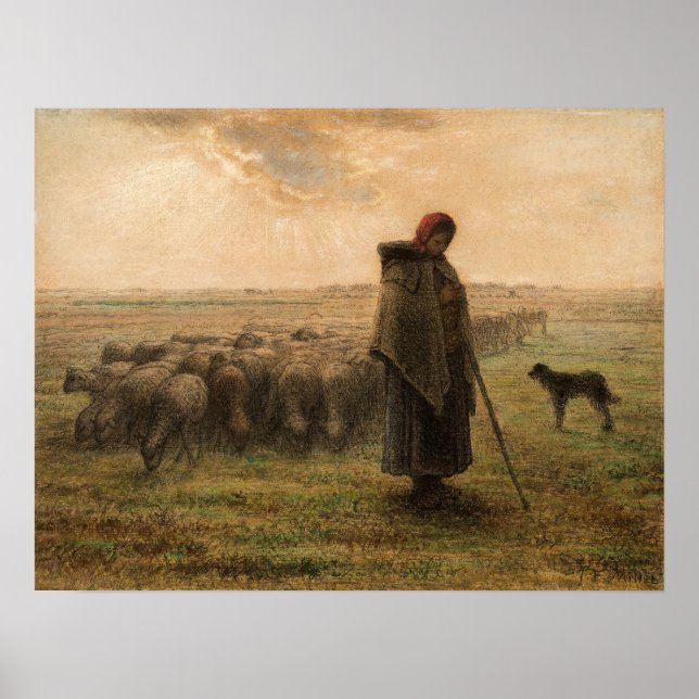 Poster Jean-Francois Millet - Shepherdess e Flock 1865 (Frente)