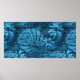 Poster Jeans desbotados com padrão de folhas tropicais