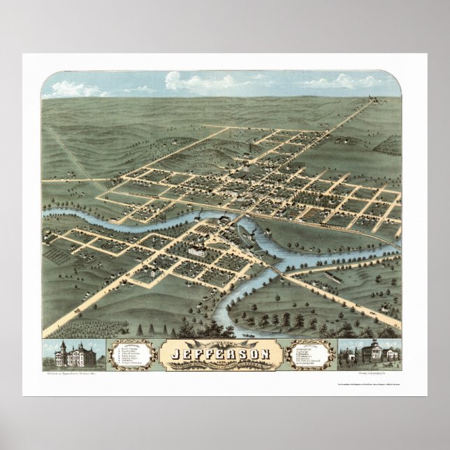 Póster Jefferson, Mapa Panorâmico da WI - 1870 (Frente)