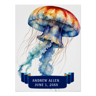 Póster JELLYFISH COLORIDO DE ÁGUA COM NOME Aniversário