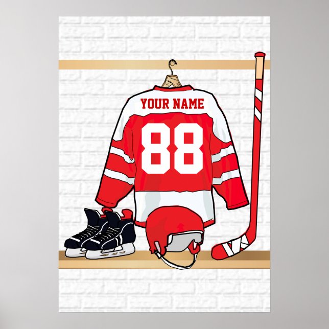 Póster Jersey de Hóquei em Gelo Personalizado, Vermelho e (Frente)