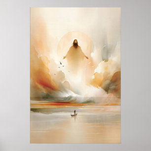 Poster Jesus Acalma a Tempestade Milagre Bíblico em Aquar