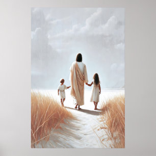 Poster Jesus andando com o menino Jesus e as crianças Cri